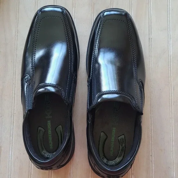 Nunn Bush Kore Bleeker Street Bike Toe Slip On Black Leather Comfort Dress Shoes